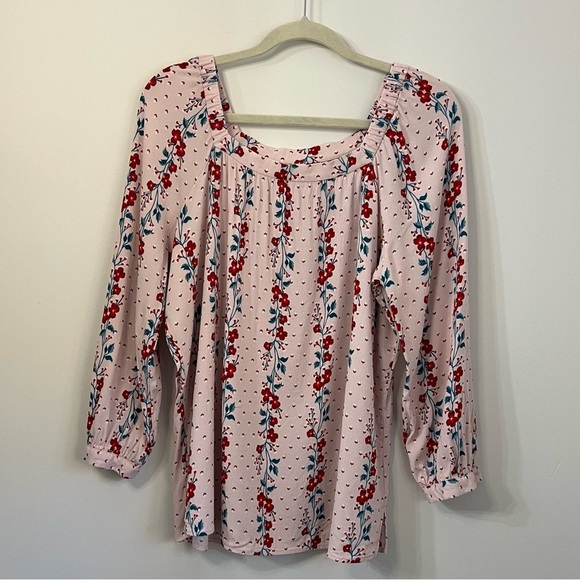 Old Navy Relaxed Baby Pink Floral-Print Boho Square Neck Blouse - Sz L Spring - Picture 2 of 6